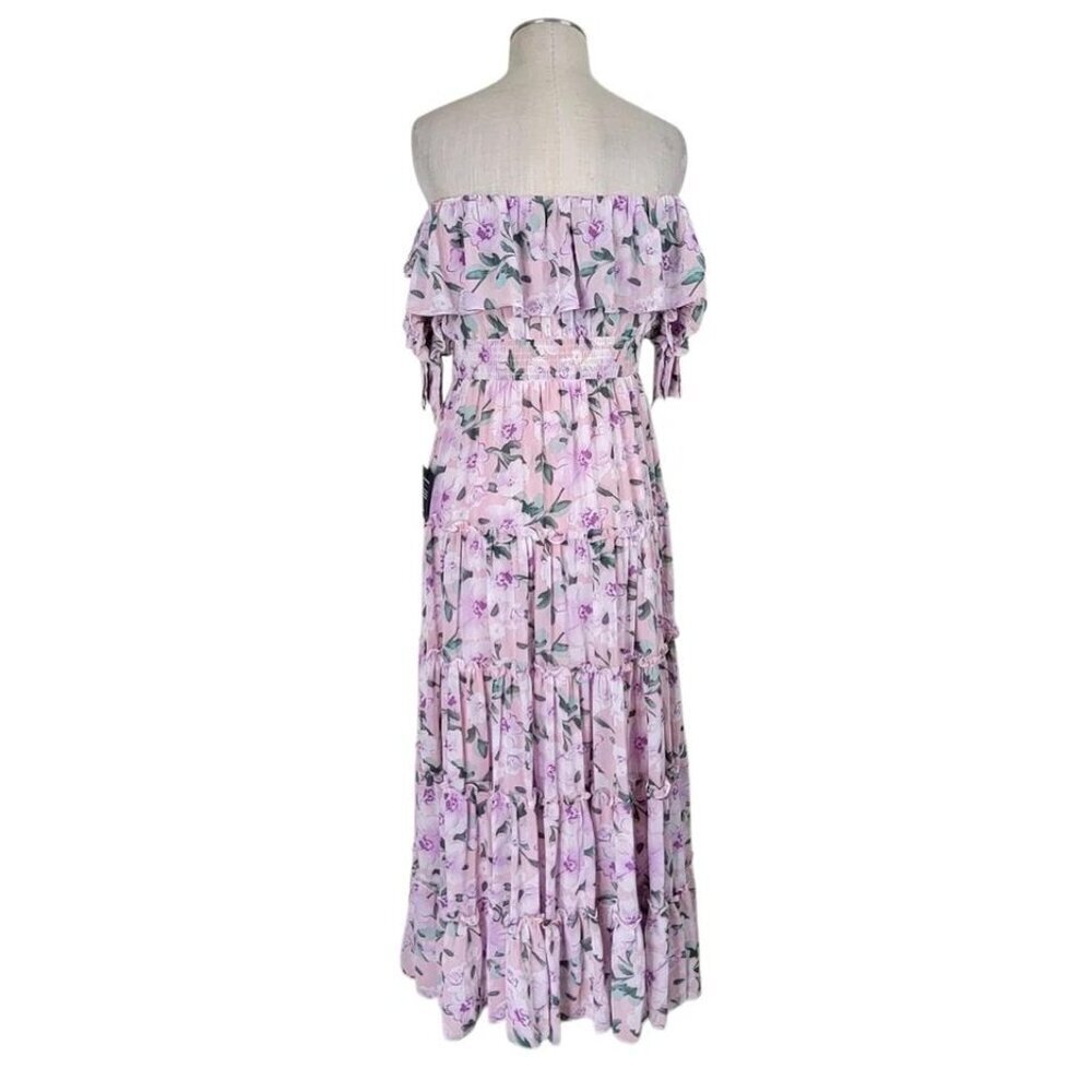 Lulus Chance For Us Maxi Dress Sz L Pink Floral Chiffon Off Shoulder Ruffles New - Picture 7 of 13
